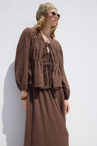 Tie-Detail Muslin Blouse Brown