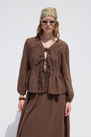 Tie-Detail Muslin Blouse Brown