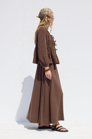 Bağcıklı Muslin Bluz Kahverengi