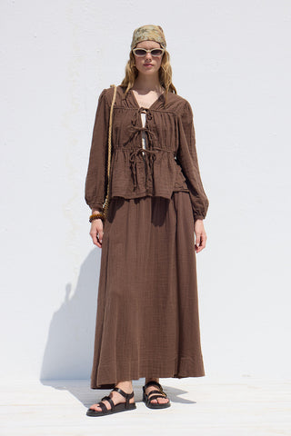 Bağcıklı Muslin Bluz Kahverengi