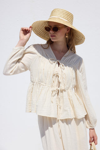 Bağcıklı Muslin Bluz Ekru