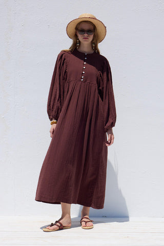 Pliseli Muslin Elbise Bordo