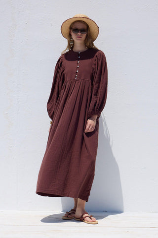 Pleated Muslin Dress Burgundy