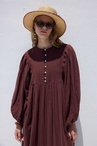 Pleated Muslin Dress Burgundy