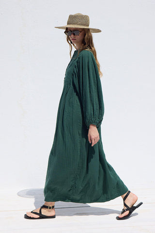 Pleated Muslin Dress Emerald