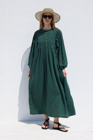 Pleated Muslin Dress Emerald