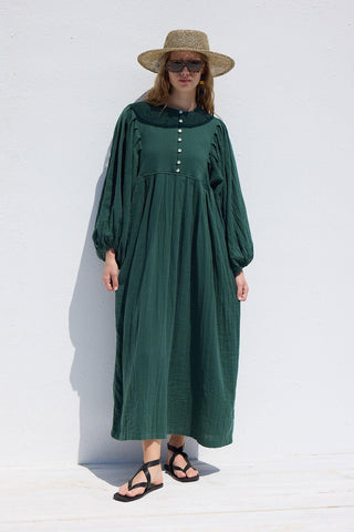 Pleated Muslin Dress Emerald