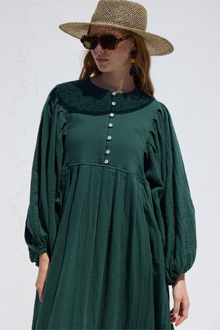 Pleated Muslin Dress Emerald