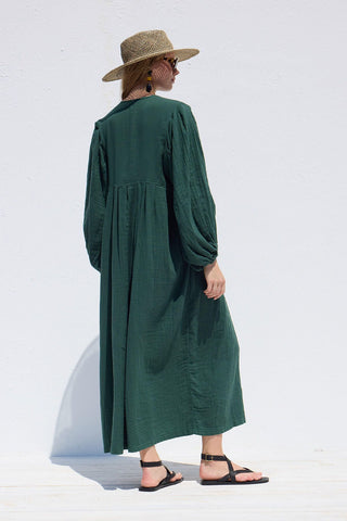 Pleated Muslin Dress Emerald