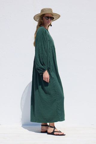 Pleated Muslin Dress Emerald