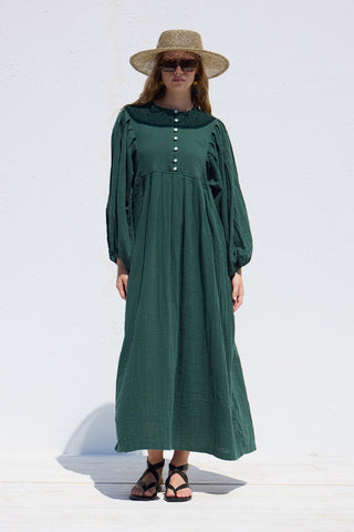 Pleated Muslin Dress Emerald
