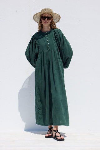 Pleated Muslin Dress Emerald