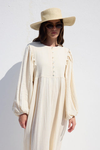 Pleated Muslin Dress Ecru