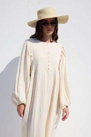 Pleated Muslin Dress Ecru