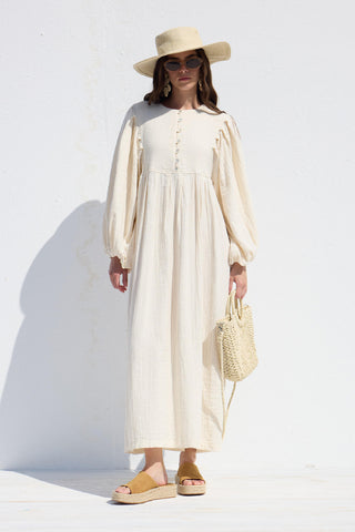 Pleated Muslin Dress Ecru