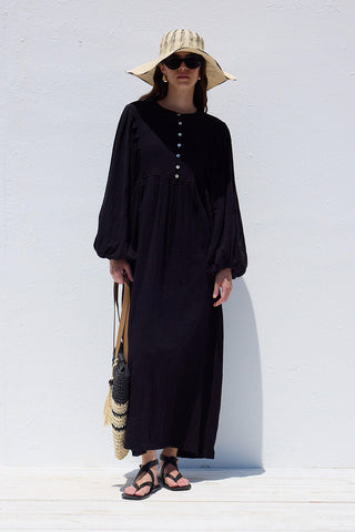 Pleated Muslin Dress Black