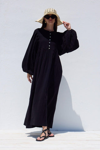 Pleated Muslin Dress Black