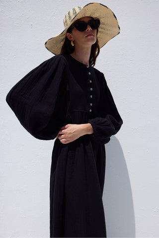 Pleated Muslin Dress Black