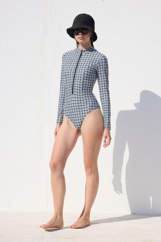 Swimsuit With Front Zip Geometric Patterned