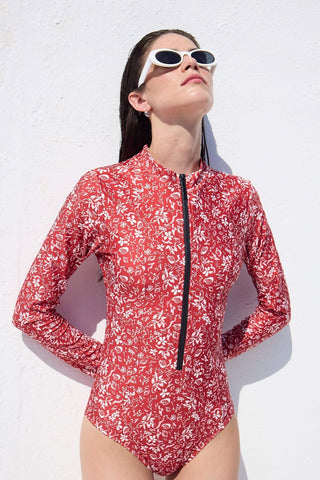 Swimsuit With Front Zip Red Shell Patterned