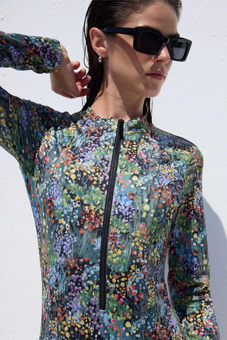 Swimsuit With Front Zip Tiny Flower