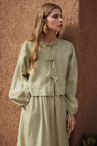 Linen Lace-Up Blouse Sage