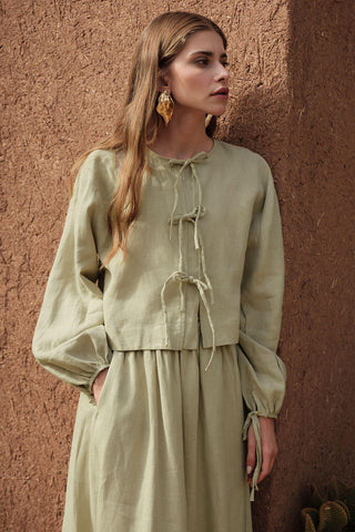 Linen Lace-Up Blouse Sage Green
