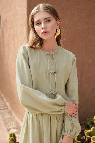 Linen Lace-Up Blouse Sage Green