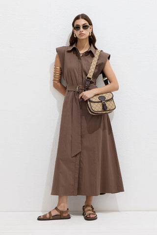 Cotton Belted Dress Brown