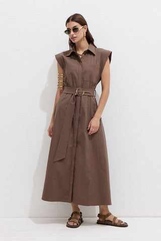 Cotton Belted Dress Brown