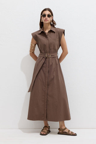 Cotton Belted Dress Brown