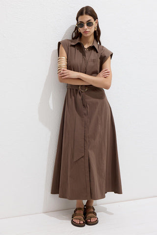 Cotton Belted Dress Brown