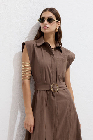 Cotton Belted Dress Brown