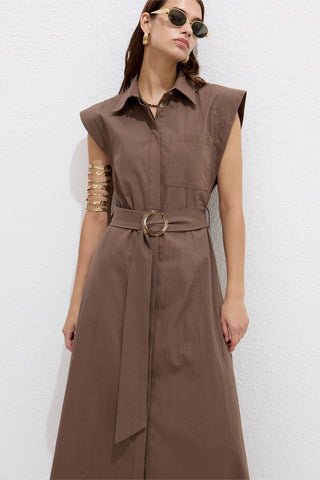 Cotton Belted Dress Brown