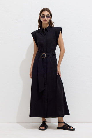 Cotton Belted Dress Black