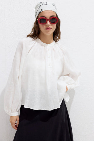 Lightweight Linen Gathered Neck Shirt Ecru