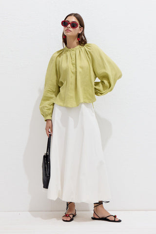 Lightweight Linen Gathered Neck Shirt Lime