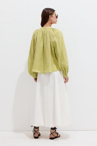 Lightweight Linen Gathered Neck Shirt Lime