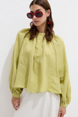 Lightweight Linen Gathered Neck Shirt Lime