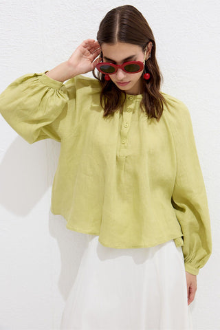 Lightweight Linen Gathered Neck Shirt Lime