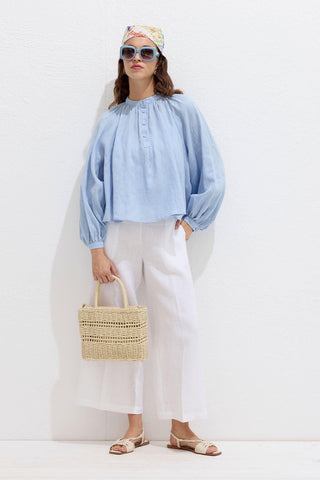 Lightweight Linen Gathered Neck Shirt Blue