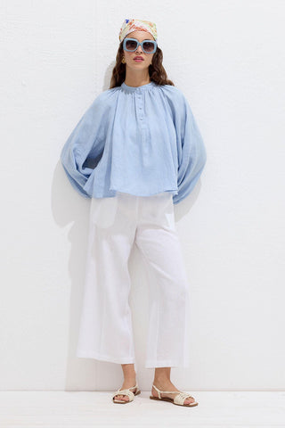 Lightweight Linen Gathered Neck Shirt Blue