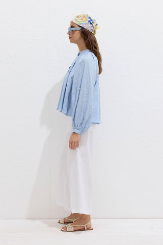 Lightweight Linen Gathered Neck Shirt Blue