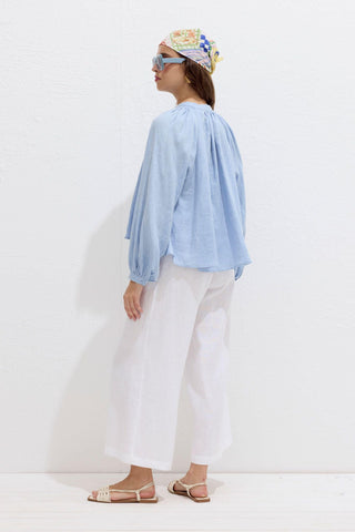 Lightweight Linen Gathered Neck Shirt Blue