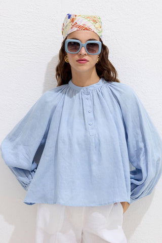 Lightweight Linen Gathered Neck Shirt Blue