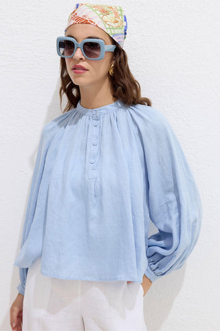 Lightweight Linen Gathered Neck Shirt Blue