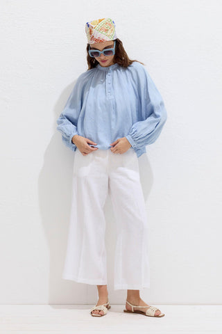 Lightweight Linen Gathered Neck Shirt Blue