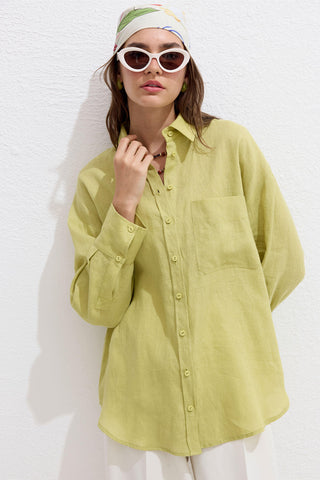 İNCE KETEN OVERSIZE GÖMLEK LIME