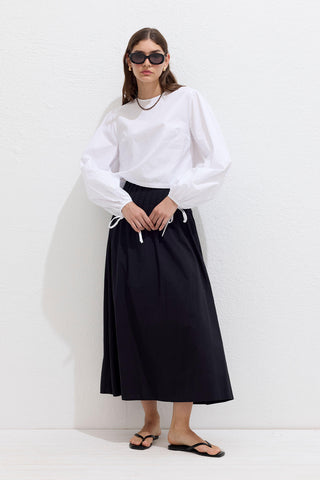 Poplin Bluz Bağcık Detaylı Ekru
