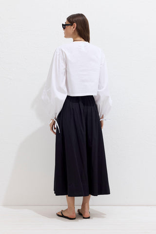 Poplin Bluz Bağcık Detaylı Ekru